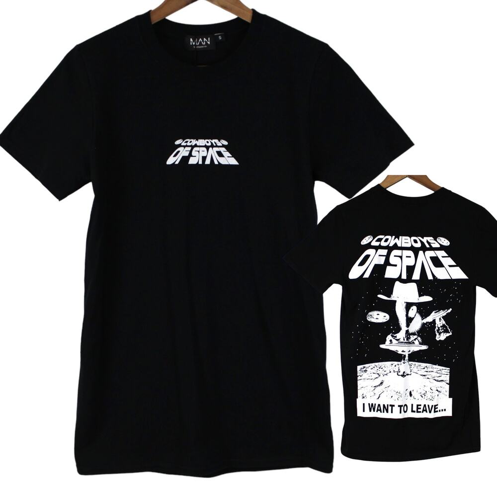 Boohoo Man Size S Cowboys Of Space Graphic T-Shirt Black‎ Short Sleeve Aliens